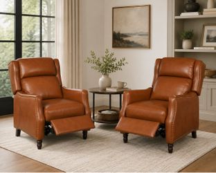 Set of 2 Camel Brown Leather Recliner Chairs – Nailhead Trim