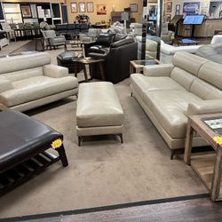 3Pcs Genuine Leather Stone Color Sofa, Chair And Ottoman, Dropped Down From $4,500 to $2,850
