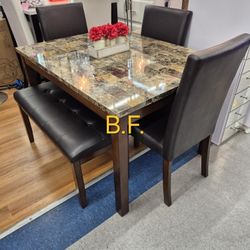 🎄Dining Set 5 Pcs, Brown Finish, Wood Frame, Top Faux Marble, New In The Box.