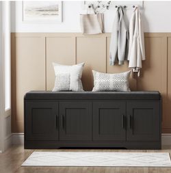 2-Tier Storage Bench, Shoe Bench with Thickened Padded Seat Cushion, Entryway Bench with 4 Doors, Adjustable Shelf, 13.8" D x 45.3" W x 18.5" H, for E