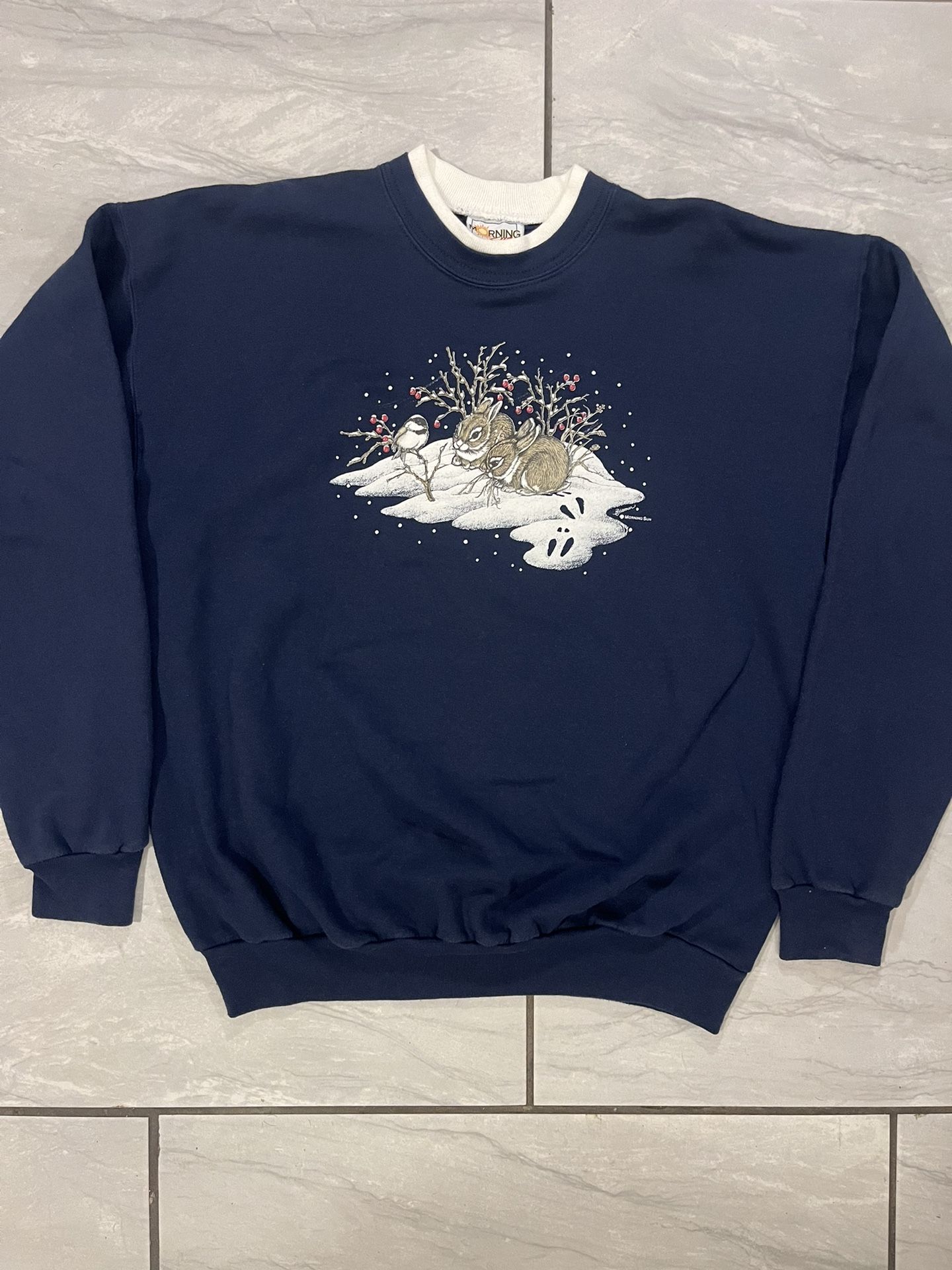 Vtg Morning Sun Bunnies Rabbits Sweatshirt Women's Blue Size Large Crewneck USA