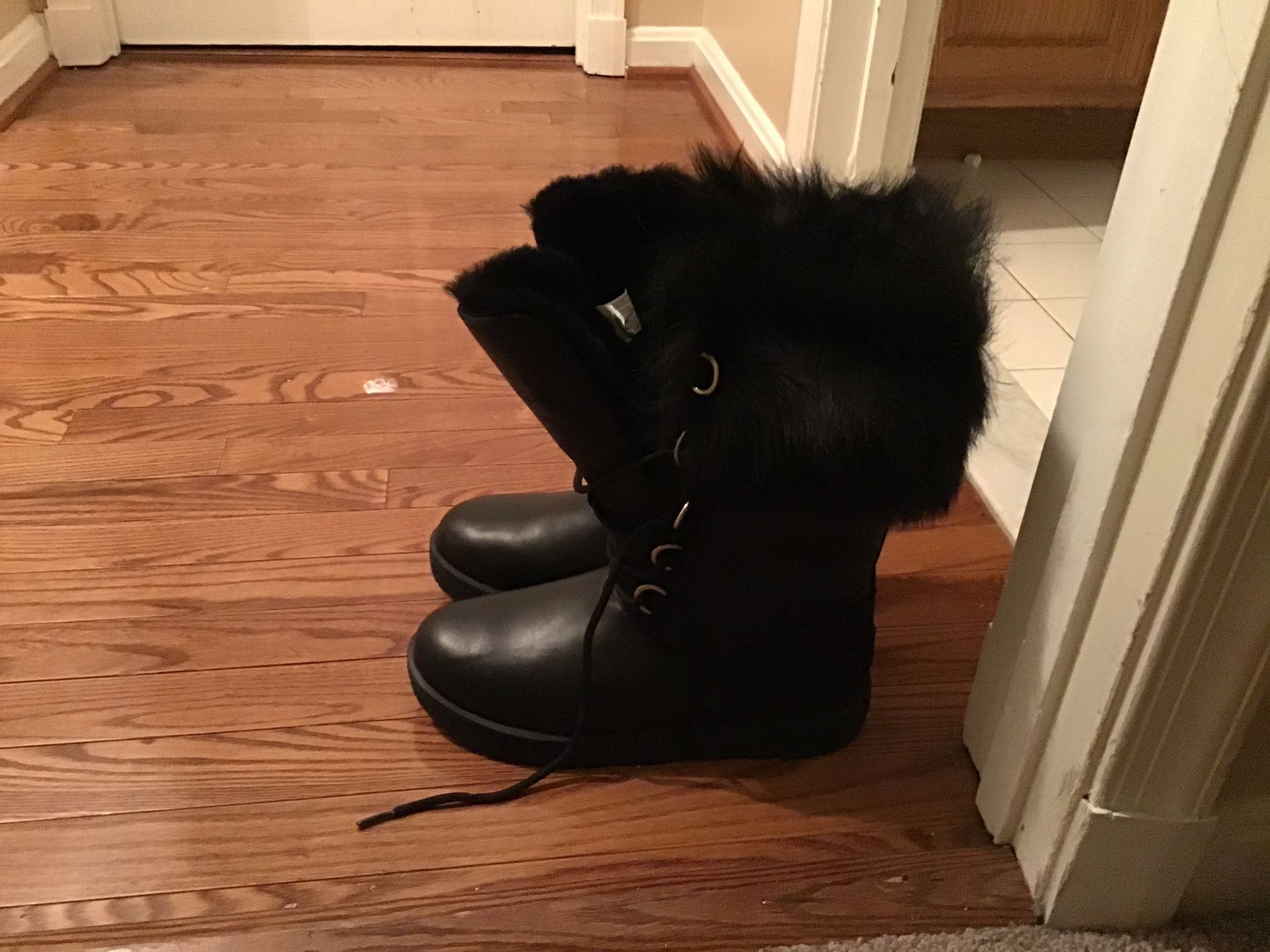 UGG AYA Black Waterproof Leather Fur Toscana Cuff Tall Snow Boots Size 10 Womens new in box