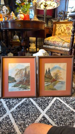Mid Century Japanese silk paintings signed by the artist