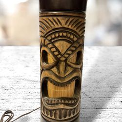 Vintage Tiki Totem Pole Carved wood with bamboo eye/mouth Table Lamp, Bar, luau