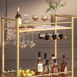 Bar Cart,Home Bar Serving Cart with Storage Shelves, 2 Tier Rolling Beverage Cart with Wheels,