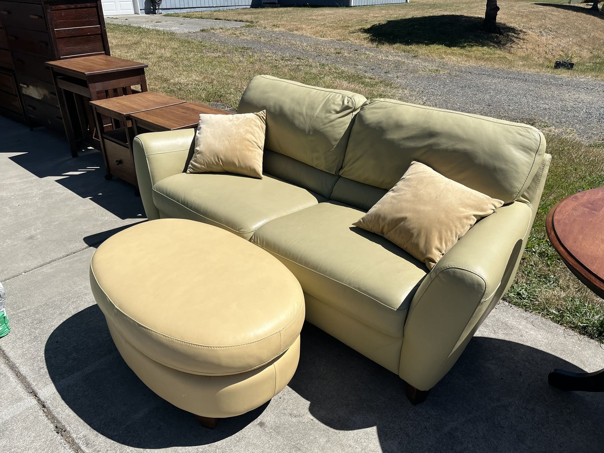 Leather Pistachio 80” Sofa w/ Custard Ottoman