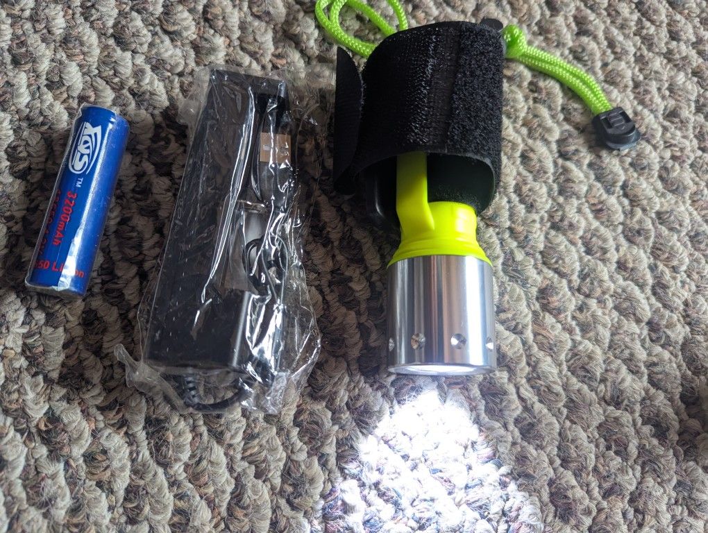 Waterproof Flashlight Diving Light Scuba Snorkeling Wrist Mount Li Ion Rechargeable 18650 Battery USB Charger 100m Technic Petzl Scubapro Atomic REI