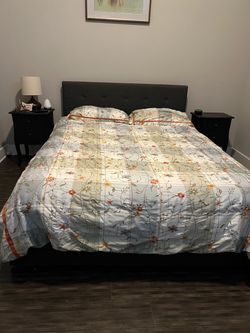 Dark Gray Upholstered Queen Bed Frame & Sealy Posturepedic Mattress with 4 drawers