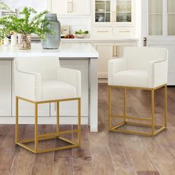 Bar Stools with Backs, Linen Fabric Barstools, Beige Bar Stools with Upholstered Footrest, Sturdy Chromed Gold Metal Steel Frame,