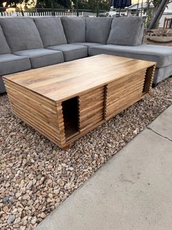 Mid-Century Teak Wood Style Modern Slat Wood Coffee Table with Sliding Doors