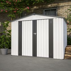 White 8 x 6 ft Metal Storage Shed for Backyard, Garden, and Lawn Tools with Double Lockable Doors