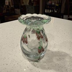 5” handblown glass vase green clear purple flower