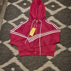 Contrast Trim Hooded Zip Front Cropped Hoodie  - Size S