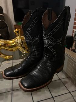 White Diamond Black Square Toe Caiman boots