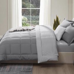 New 7 Piece Queen Comforter Set – Grey Reversible Bed in a Bag – Complete Queen Size Bedding