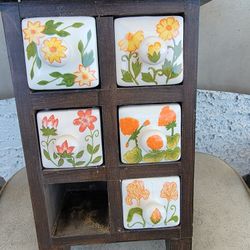 Vintage 5 ceramic drawer spice rack / apothecary cabinet small floral design