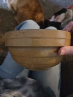 Antique vintage pottery yelloware stoneware brown glazed ridged bowl 8" USA