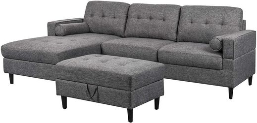Dark Gray Upholstered Chaise Sectional Sofa Set with Storage Ottoman