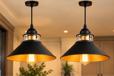 β¨ Set of 2 Industrial Farmhouse Pendant Lights β Matte Black & Gold β 12β
