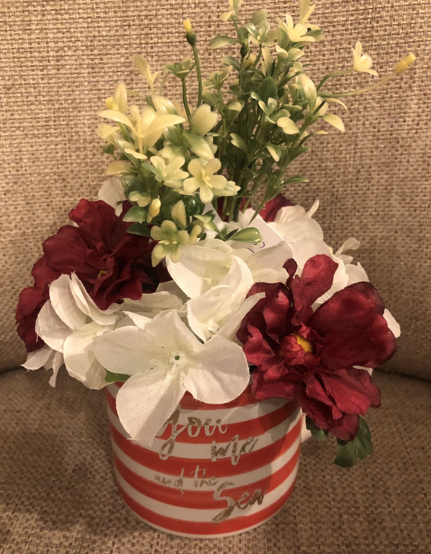 Sea Themed Vase With Red and White Flowers Floral Arrangement