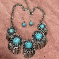 Vintage Robert Rose Boho Turquoise Stone Choker W/ Earrings SEE DESCRIPTION 