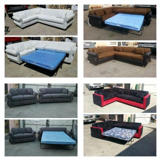 Brand NEW 7X9FT  Sectional  WITH SLEEPER COUCHES , WHITE LEATHER, Brown,  Black Microfiber COMBO,  Charcoal MICROFIBER  Sofa and Loveseat 2pc Set 