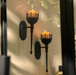 2PCS Black Castle Torch Wall Sconces, Metal Chain-Wrapped Candle Cups, Gothic Horror Decor for Dungeon Themed Room or Halloween Party