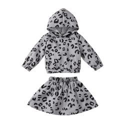 Cheetah Long Sleeve Hoodie Skirt Set 