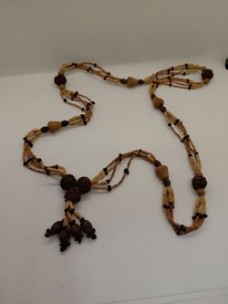 vintage long natural wood bead lariat boho necklace.
