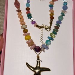 New in the package. Gorgeous vacay mode Seastar Necklace featuring golden tone sea star pendant and faux pearls, diverse shapes and colors glass beads
