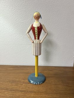 Vintage Swedish Articulated Arms Woman Wood Doll Stand Hand Painted Napkin Skirt
