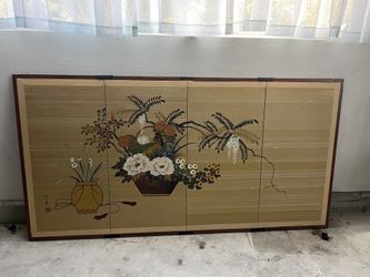 JAPANESE BYOBU HAND PAINTED SILK SCREEN 6'x 3' -4 PANELS