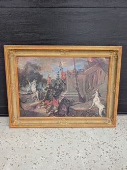 Vintage Ornate Framed Hunting Scene Oil Painting