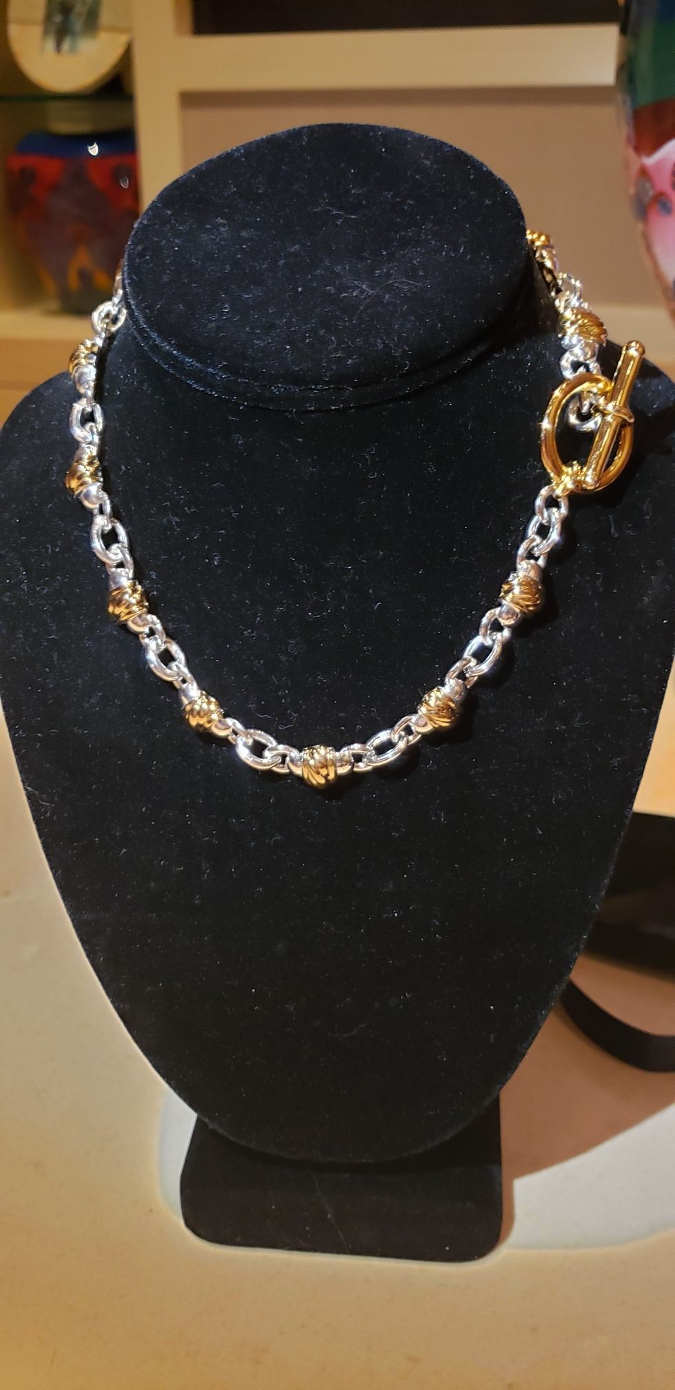Two tone silver gold choker necklace 16"