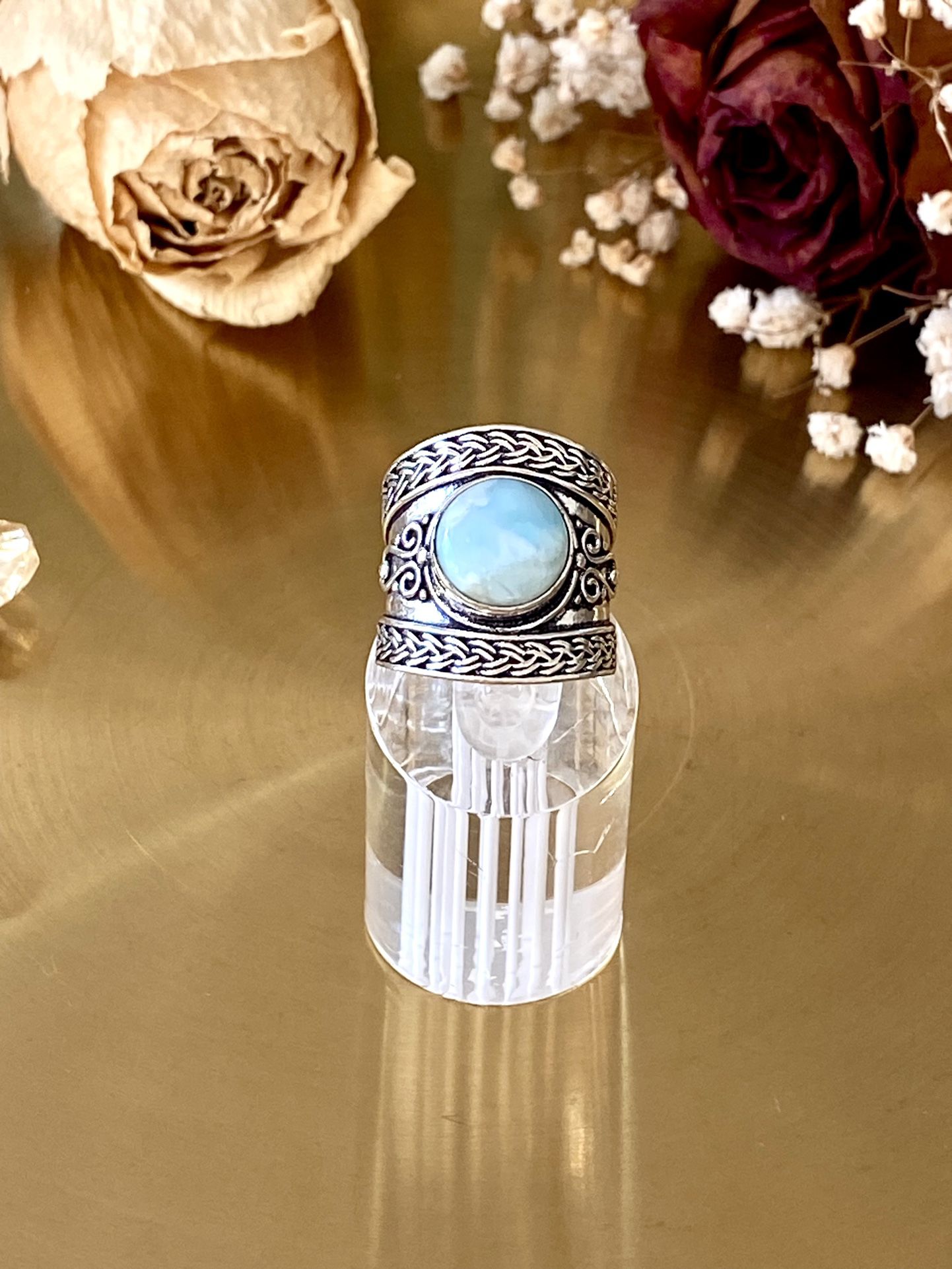 Genuine Larimar 925 Sterling Silver Overay Handcrafted Ring Size 7