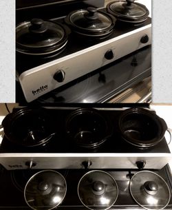 BELLA Triple Slow Cooker/Buffet Server/Food Warmer 3x1.5 quart ceramic pots with spoon notch, lids & lid holders.Individual temperature control knobs 