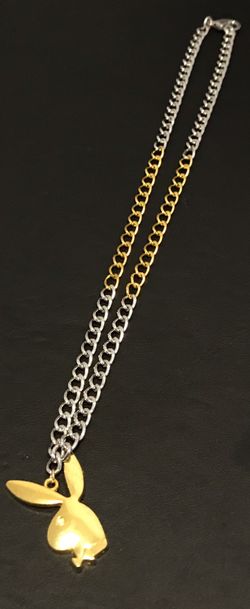 Designer (gold and silver tone) Stainless Steel Curb Chain Necklace with Playboy Bunny Pendant (Unisex/men/women jewelry