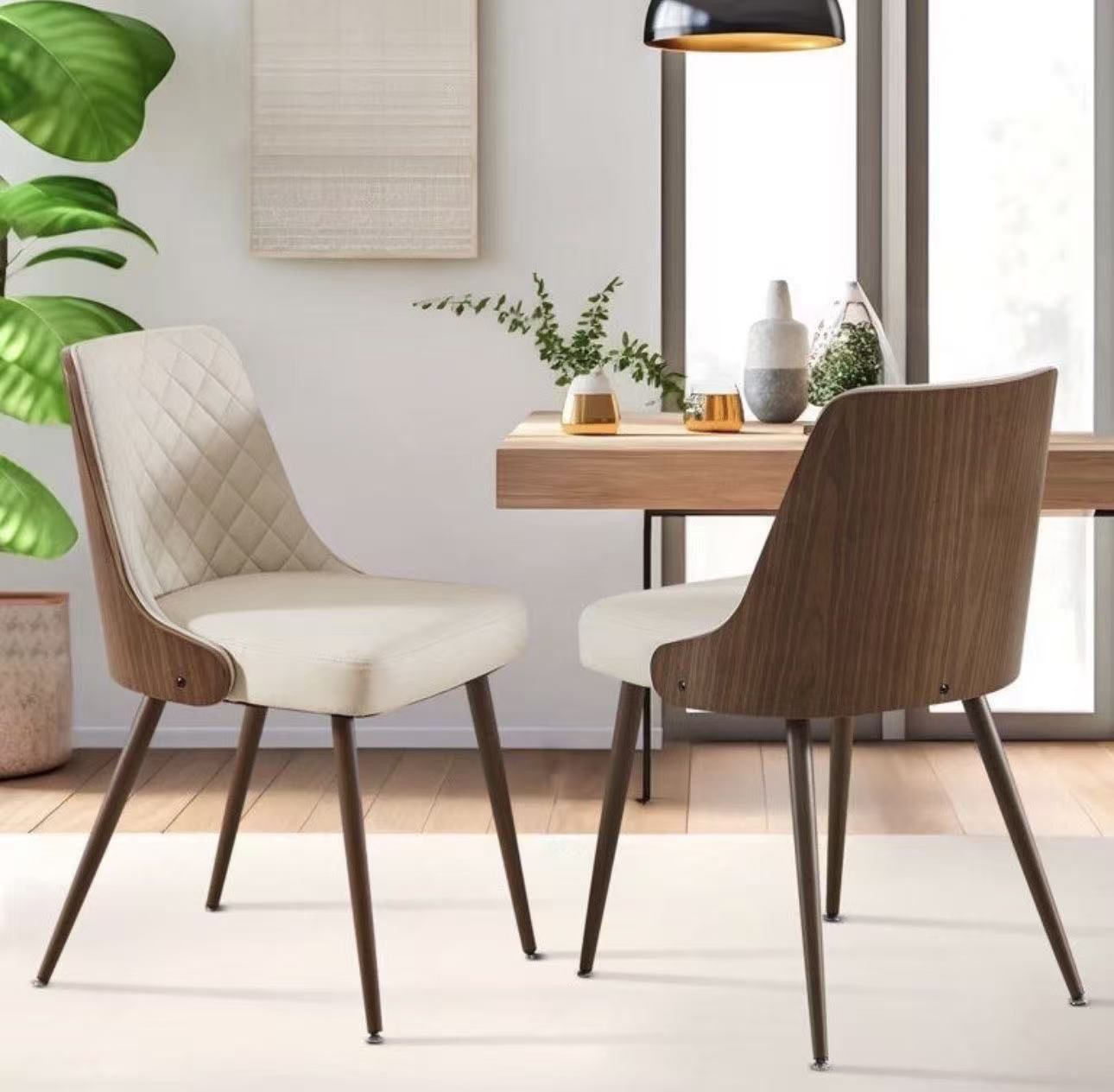 Dining Chairs Set of 2,Modern PU Leather Armless Kitchen Chair, Mid-Century Walnut Style Side Chair with Bentwood Back and Metal Legs for Kitchen Din