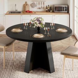47" Round Dining Table for 6, Modern Wooden Dinner Table for Kitchen Living Room, Black