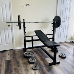 Weight Bench w/ Olympic Bar & ~200 lbs Standard Plates - Full Setup