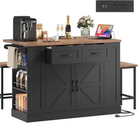 Kitchen Storage Island with 2 Stools, 51” Mobile Kitchen Cart with Drop Leaf & Power Outlet, Rolling Island Table Dining Room Buffet with 2 Drawers & 