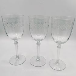 Fostoria Holly Clear  Stem 6030  Etched  Crystal Water Goblets 7 7/8”  Set of 3
