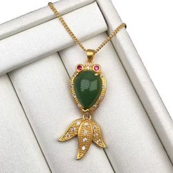 Womens 14k gold plated natural genuine real green jade fish pendant necklace jewelry
