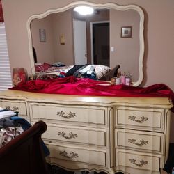 Dresser And Mirror, Cream With Gold Accents 