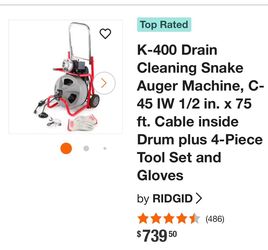 Rated K-400 Drain Cleaning Snake Auger Machine, C- 45 IW 1/2 in. x 75 ft. Cable inside