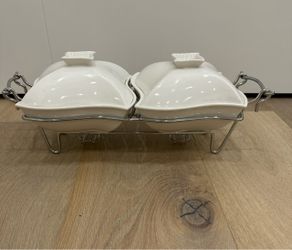 DOUBLE Sienna Godinger 2 x 1 Quart 7" Covered Porcelain BakerS w/Warming Stand