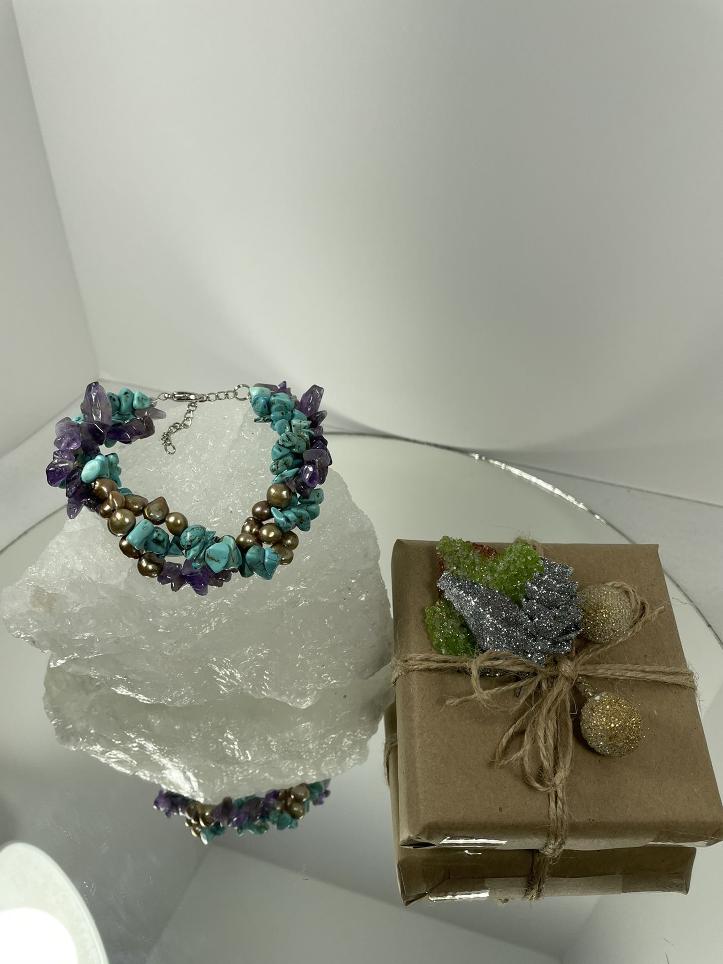 Natural Stone Bracelet (amethyst , Freshwater Pearl And Turquoise Beads)