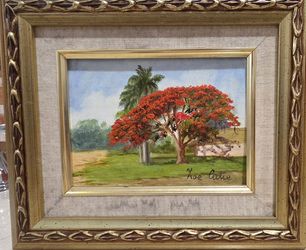 Original Zoe Cutie Florida Landscape Painting – Royal Poinciana, 5x7 Framed Oil/Acrylic