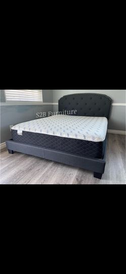 Queen Size Charcoal Burlap Bed With Orthopedic Mattress 