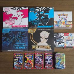 Pokemon Cards Black Bolt, White Flare, Phantasmal Flames, Mega Evolution ETBs, Surging Sparks Booster Box,  Booster Bundles, Destined Rivals.